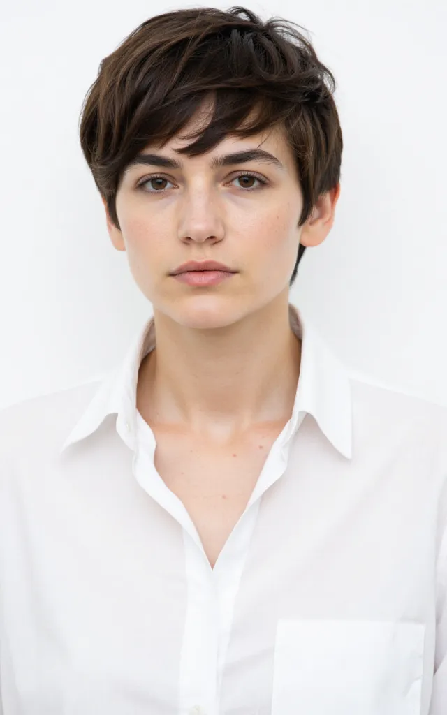 A French female model with an Asymmetric pixie, wearing a shirt, against a white background, in a front   facing bust portrait